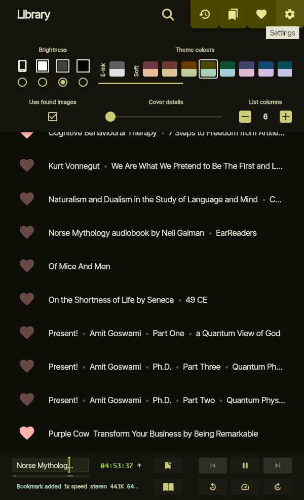 Library with theme switcher open (simple text mode)