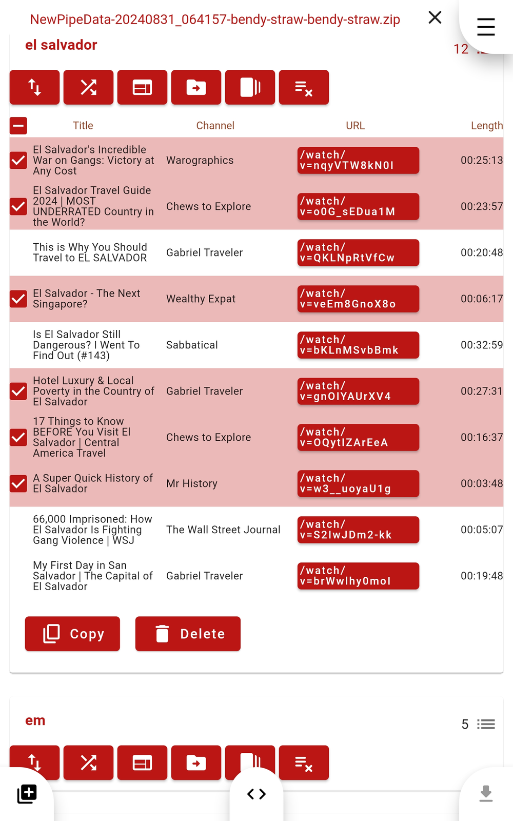 Streams within playlist selected