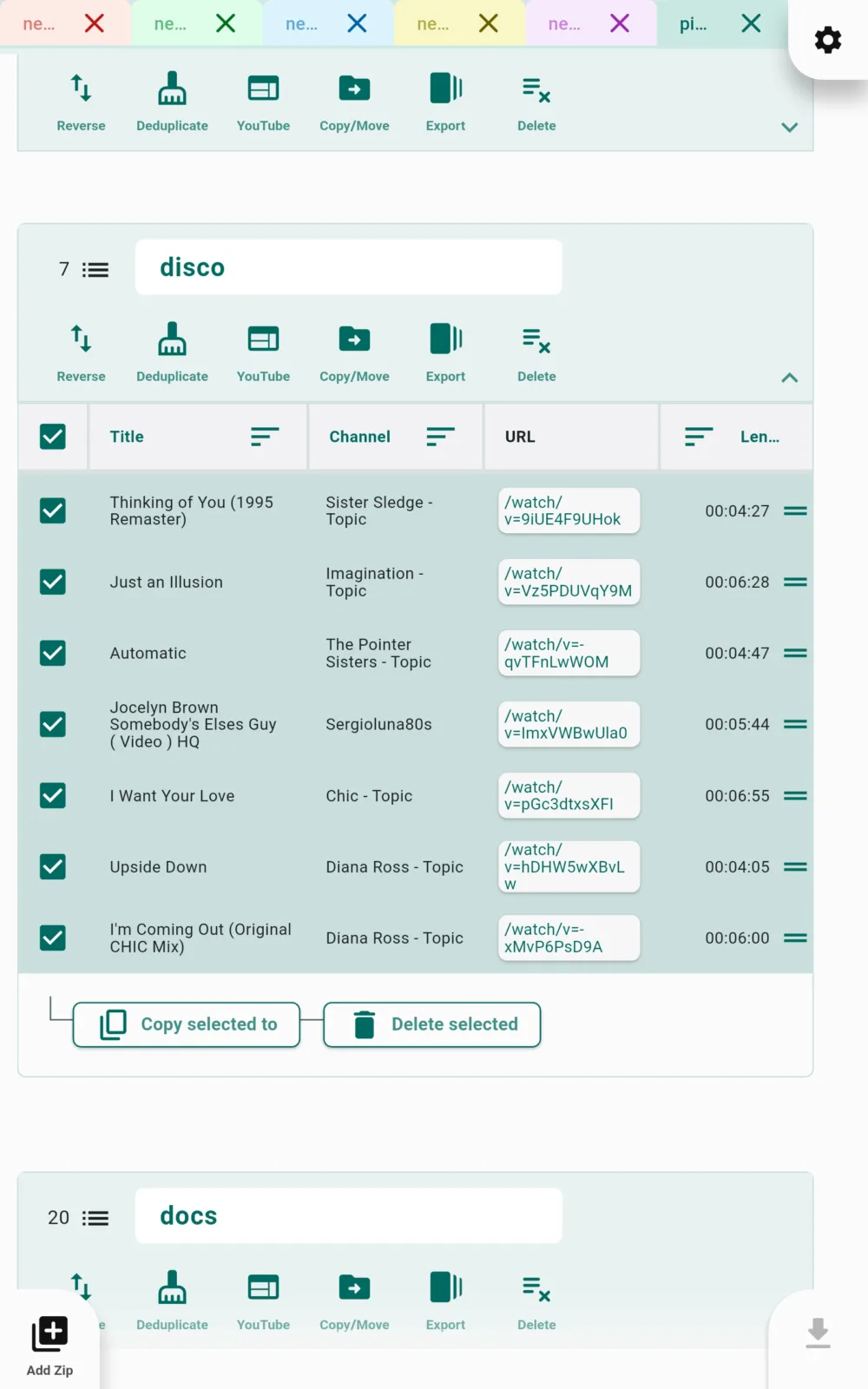 Selecting streams to delete, copy or move